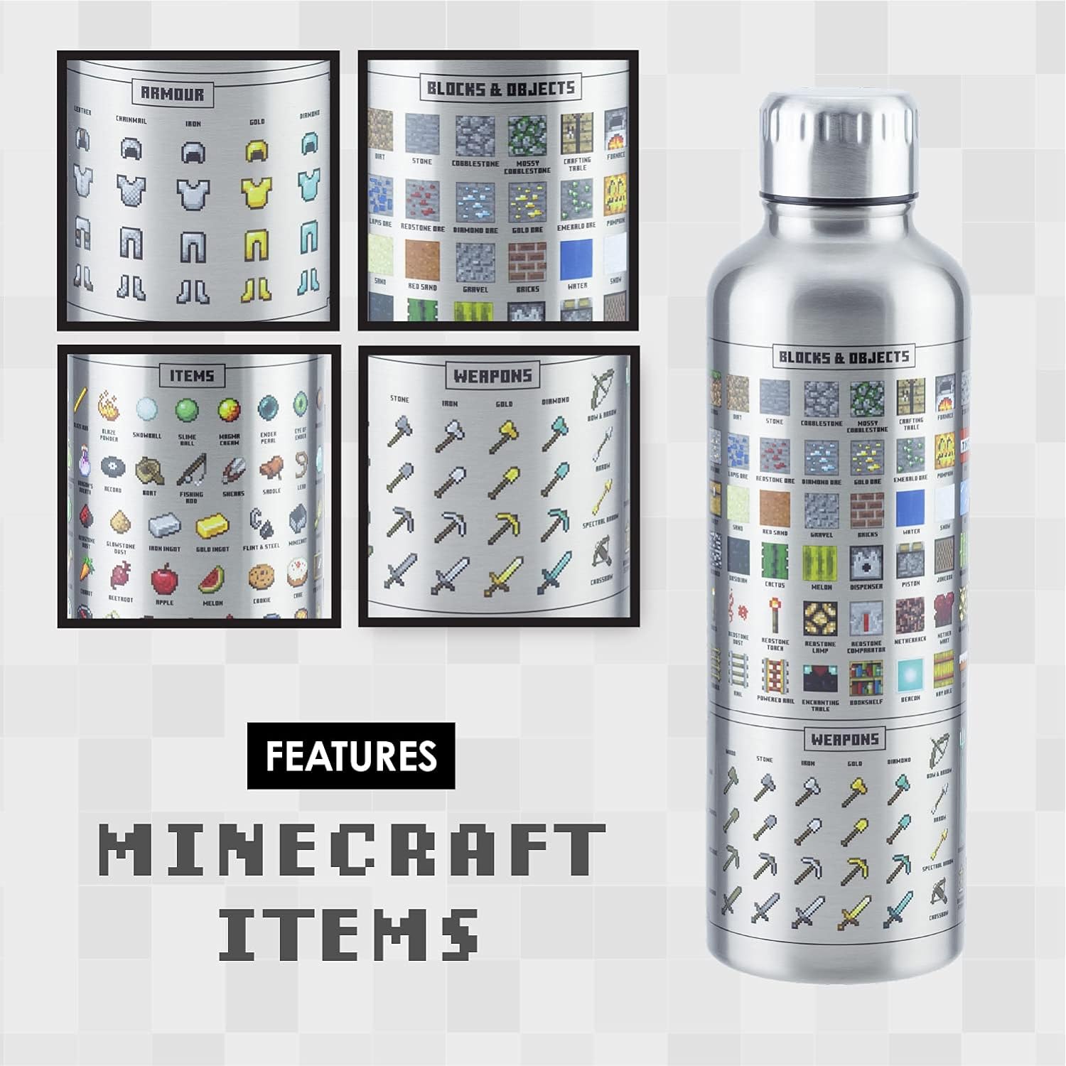 Paladone Minecraft metal water bottle, officially licensed gaming merchandise, 16 Ounce