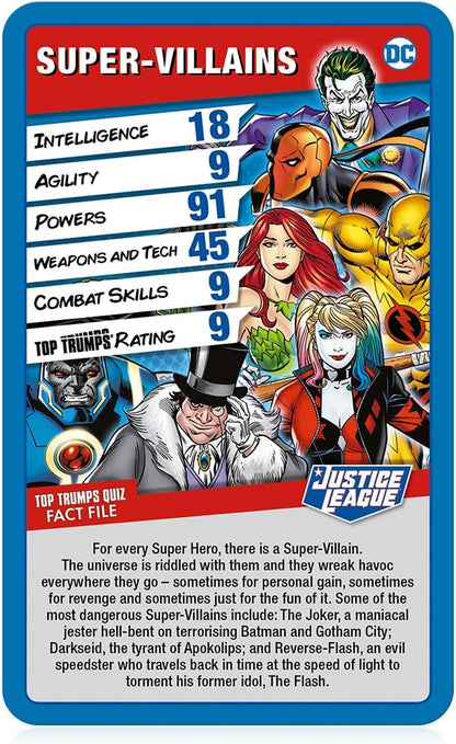 Top Trumps Juego de Cartas Especiales de la Liga de la Justicia, Juega con superhéroes y Villanos, Incluyendo Batman, Superman, Wonder Woman, Joker, Poison Ivy y Catwoman, Regalo y Juguete para niños