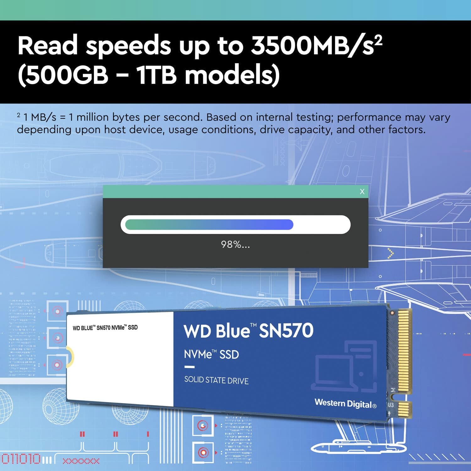 WD_BLUE SN570 250GB M.2 2280 PCIe Gen3 NVMe up to 3300 MB/s read speed Blue 250GB SN570 - Upto 3,500MB/s