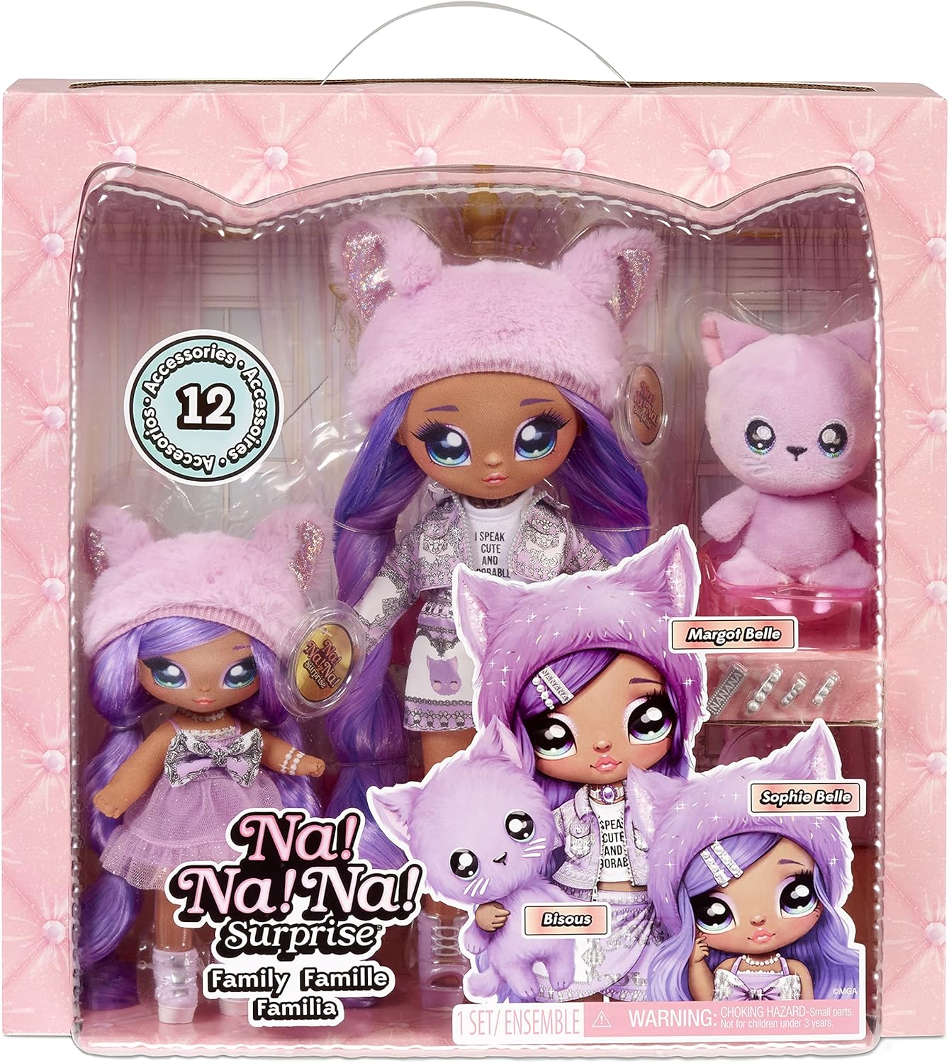 Na! Na! Na! Surprise Family Set de 3: 2 Suaves y 1 Mascota-Juguetes para niños-Familia, muñecas, 12 Accesorios, Ropa removible y 1 Gatito de Peluche, Multicolor (MGA Entertainment 575962C3OC