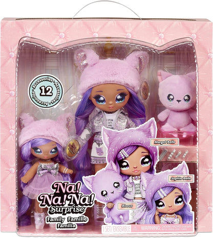 Na! Na! Na! Surprise Family Set de 3: 2 Suaves y 1 Mascota-Juguetes para niños-Familia, muñecas, 12 Accesorios, Ropa removible y 1 Gatito de Peluche, Multicolor (MGA Entertainment 575962C3OC