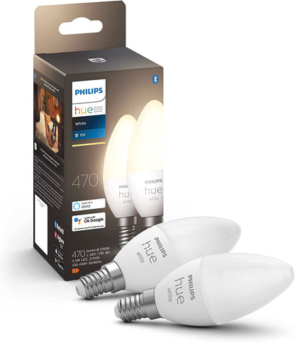 Philips Hue Kaarslamp 2-Pack - E14 - Duurzame LED Verlichting - Smart Lamp - Warm-Wit Licht - Dimbaar - Verbind met Bluetooth of Hue Bridge - Werkt met Alexa en Google Home