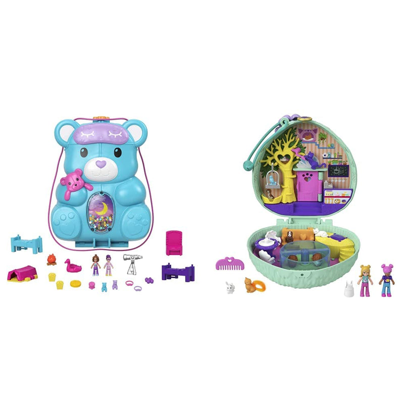 Polly Pocket Teddy Bear Purse Compact, 2 Micro Dolls & GTN15 Hedgehog Cafe Compact, Micro Polly Doll & Friend Doll, 2 Animal Figures, Great Gift for Ages 4 Years Old & Up