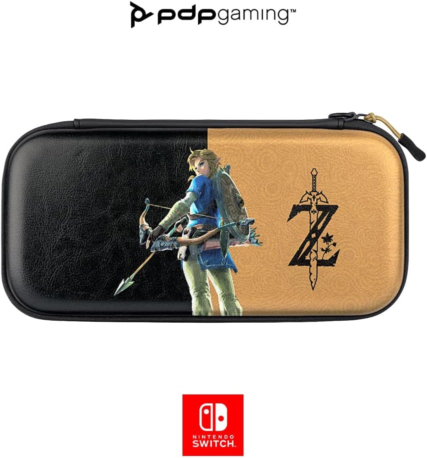 PDP Gaming Officially Licensed Switch Slim Deluxe Travel Case - Zelda Breath of the WIld - Semi-Hardshell - Console Stand - Protective PU Leather - Holds 14 Games - Works with Switch OLED and Lite Lin