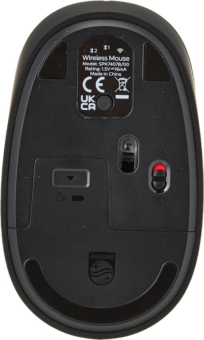 PHILIPS Wireless Mouse SPK7407B - Wireless Connection 2.4GHz + Bluetooth 3.0/5.0, 4 Buttons, 1600 PPP Optical Sensor, Ergonomic for Left and Right Handed