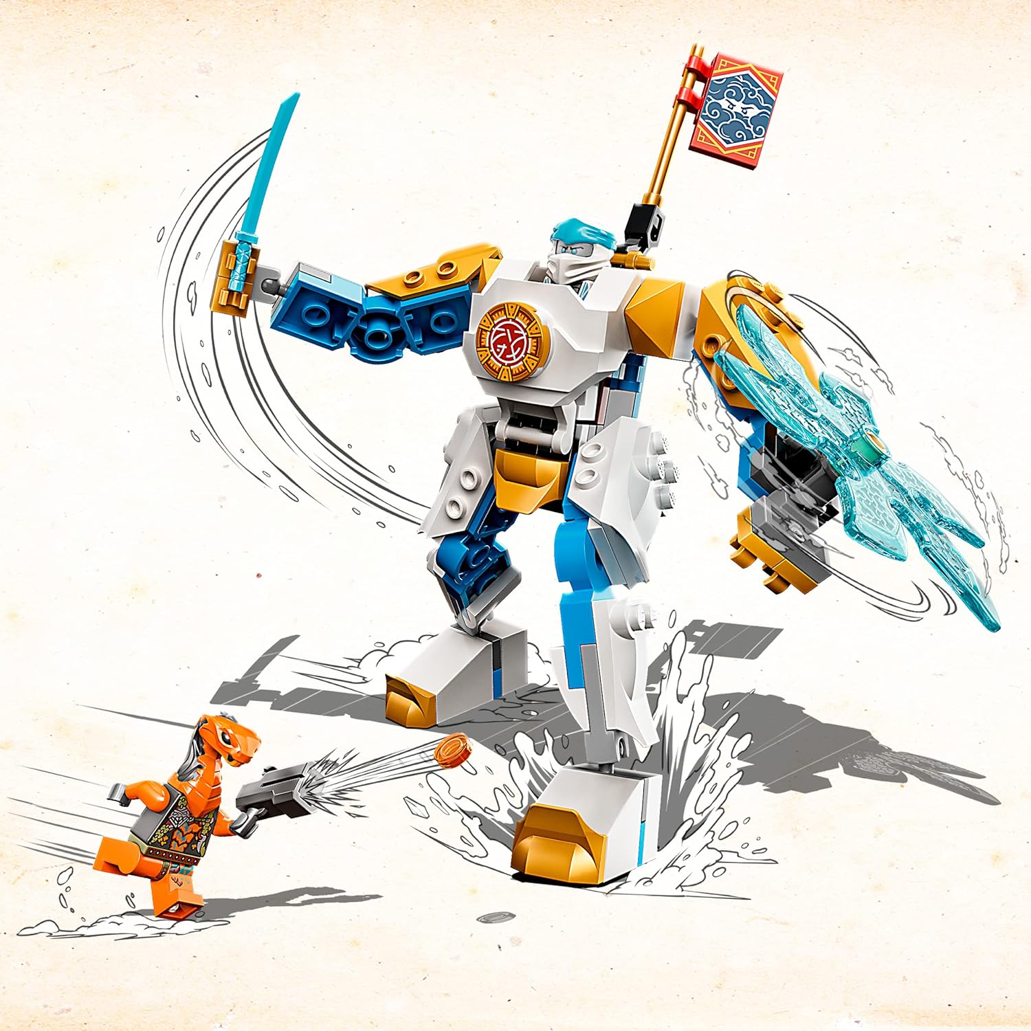 LEGO 71761 NINJAGO Zane’s Power Up Mech EVO Action Figure with Cobra Snake and Zane Minifigure, Collectible Mission Banner Series, Ninja Toys for Kids Single