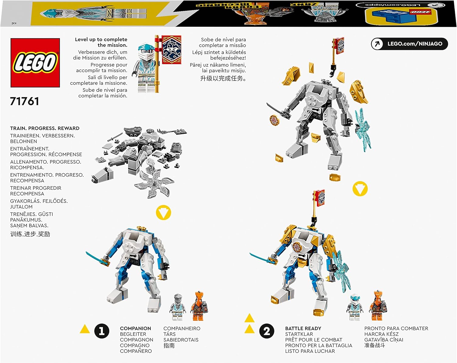 LEGO 71761 NINJAGO Zane’s Power Up Mech EVO Action Figure with Cobra Snake and Zane Minifigure, Collectible Mission Banner Series, Ninja Toys for Kids Single