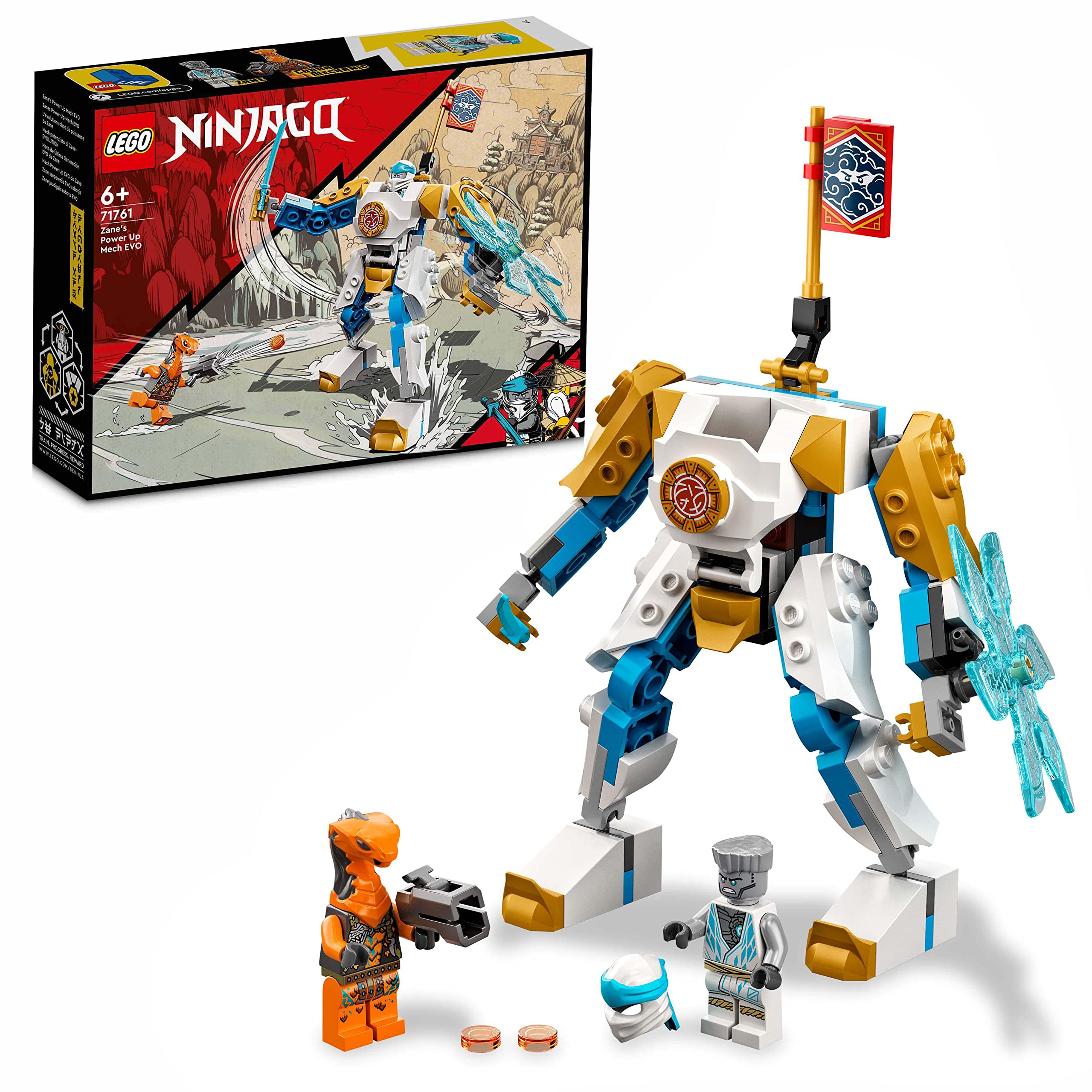 LEGO 71761 NINJAGO Zane’s Power Up Mech EVO Action Figure with Cobra Snake and Zane Minifigure, Collectible Mission Banner Series, Ninja Toys for Kids Single