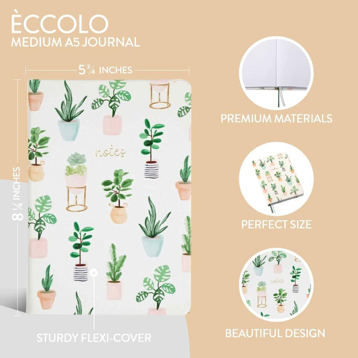 Eccolo Lined Journal Notebook, Flexi-Cover, Succulent Notes, 256 Ruled Pages, 5.75x8.25 inches