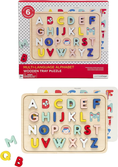 Petit Collage Multi-Language Alphabet Wooden Jigsaw Tray Puzzle – ABC Puzzle with 26 Letter Pieces and 4 Icon Sheets, Language Development Toys in English, French, Italian & German, Ideal for Ages 3+