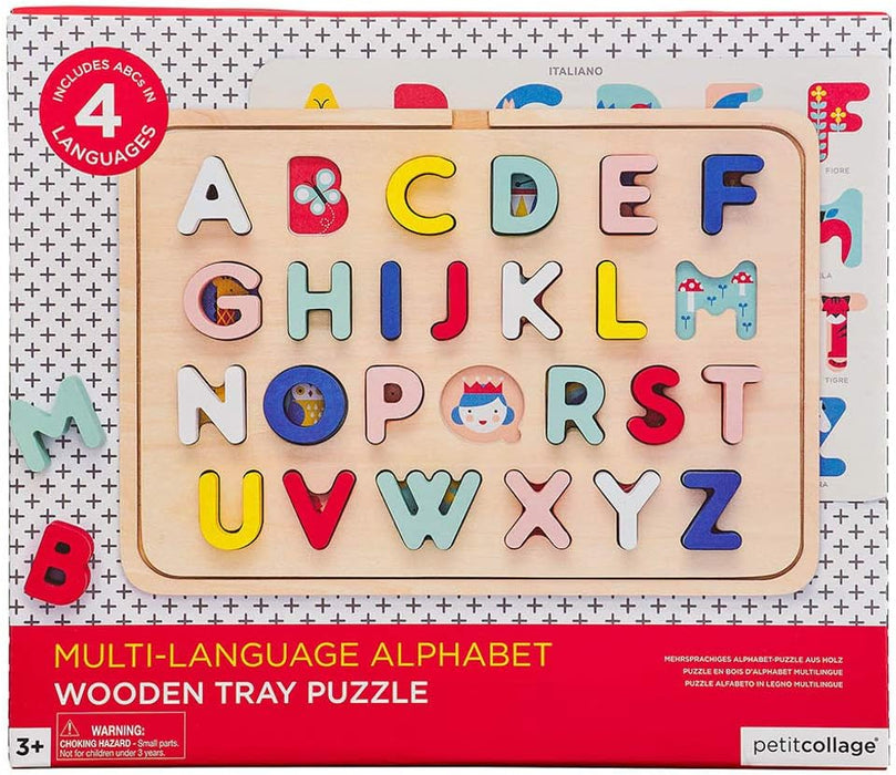 Petit Collage Multi-Language Alphabet Wooden Jigsaw Tray Puzzle – ABC Puzzle with 26 Letter Pieces and 4 Icon Sheets, Language Development Toys in English, French, Italian & German, Ideal for Ages 3+