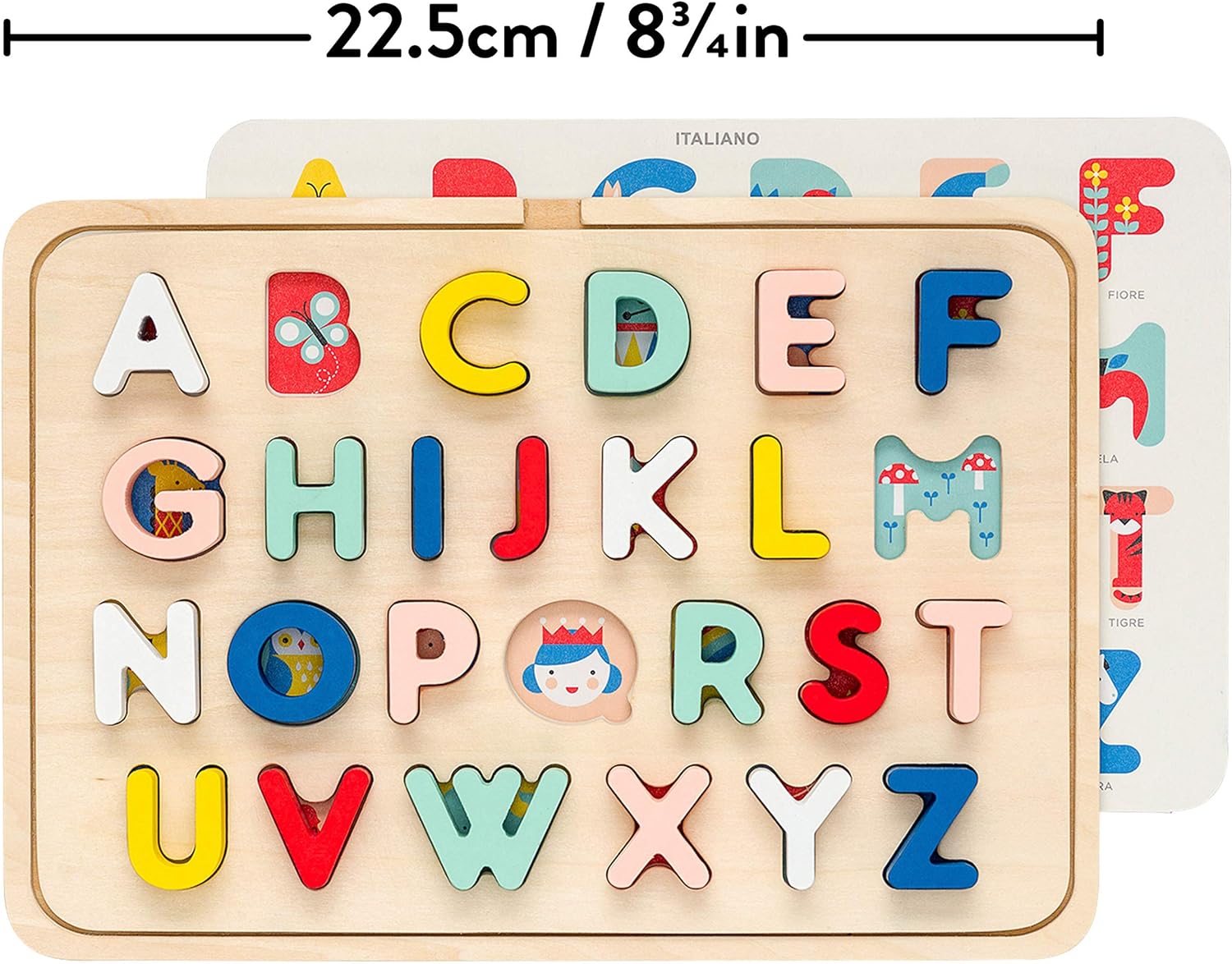 Petit Collage Multi-Language Alphabet Wooden Jigsaw Tray Puzzle – ABC Puzzle with 26 Letter Pieces and 4 Icon Sheets, Language Development Toys in English, French, Italian & German, Ideal for Ages 3+