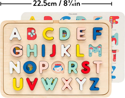 Petit Collage Multi-Language Alphabet Wooden Jigsaw Tray Puzzle – ABC Puzzle with 26 Letter Pieces and 4 Icon Sheets, Language Development Toys in English, French, Italian & German, Ideal for Ages 3+