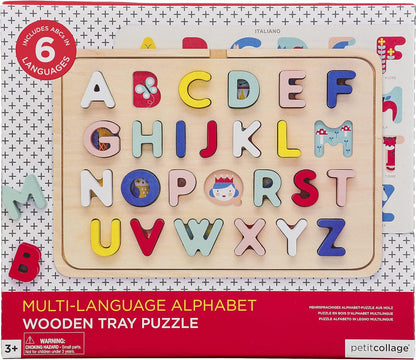 Petit Collage Multi-Language Alphabet Wooden Jigsaw Tray Puzzle – ABC Puzzle with 26 Letter Pieces and 4 Icon Sheets, Language Development Toys in English, French, Italian & German, Ideal for Ages 3+