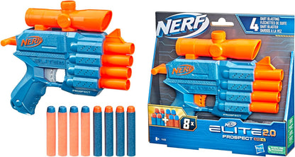 Nerf Elite 2.0 Prospect QS-4 Blaster, 8 Official Darts, 4-Dart Blasting, Non-Removable Targeting Scope, Multicolor
