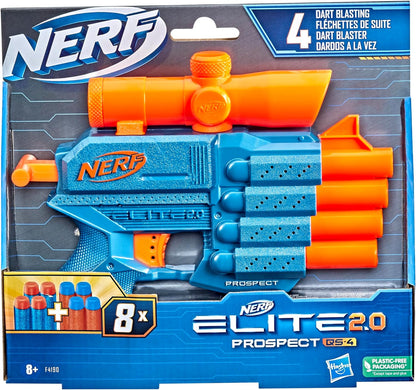 Nerf Elite 2.0 Prospect QS-4 Blaster, 8 Official Darts, 4-Dart Blasting, Non-Removable Targeting Scope, Multicolor