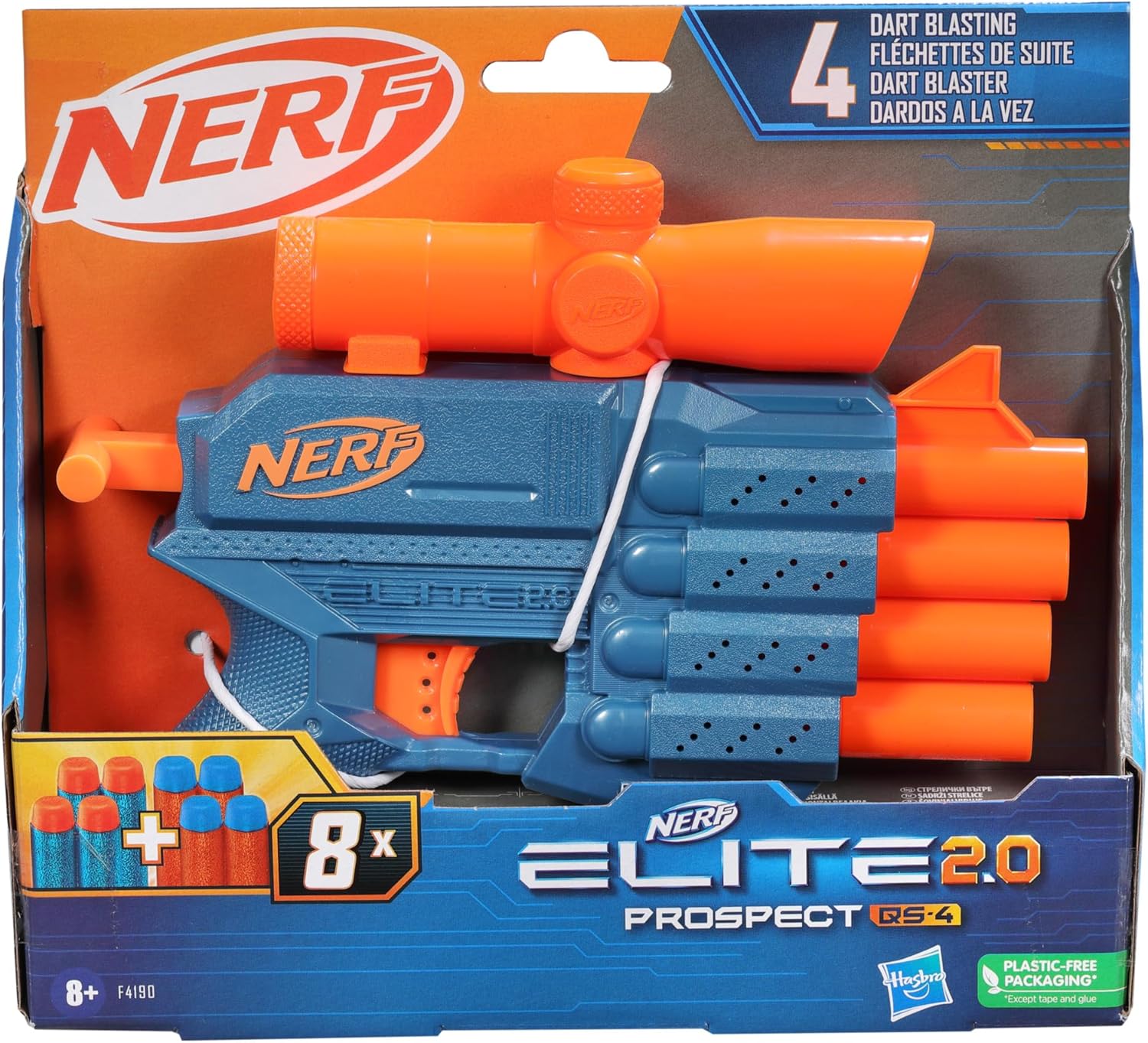 Nerf Elite 2.0 Prospect QS-4 Blaster, 8 Official Darts, 4-Dart Blasting, Non-Removable Targeting Scope, Multicolor