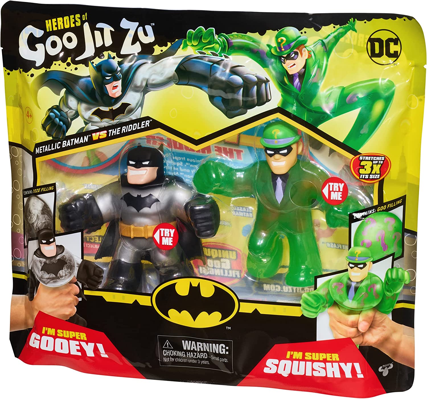 Heroes of Goo Jit Zu DC Versus Pack - 2 Stretchy, Squishy Figures with Super Squishy Batman versus Super Gooey Riddler, Perfect Christmas / Birthday Present For 4 To 8 Year Olds, Stretchy Tactile Play
