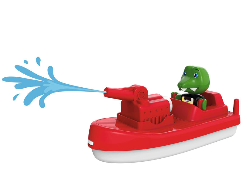 AquaPlay 8700000273 FireBoat-Accessories Waterways or for The Bathtub, fire Brigade Boat with Sven The Crocodile, Water Spray Function, for Children from 3 Years, red, S