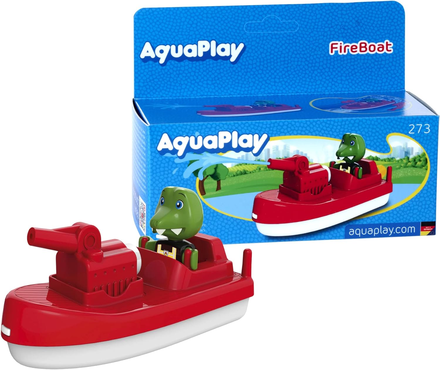 AquaPlay 8700000273 FireBoat-Accessories Waterways or for The Bathtub, fire Brigade Boat with Sven The Crocodile, Water Spray Function, for Children from 3 Years, red, S