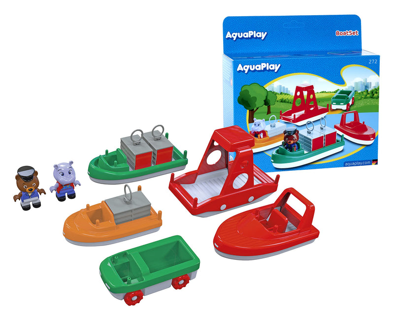 AquaPlay 8700000272 BoatSet-Accessories Waterways or for The Bath, 4 Boats, 1 Amphi-Lorry and Bo and Wilma, for Children from 3 Years, Multicoloured