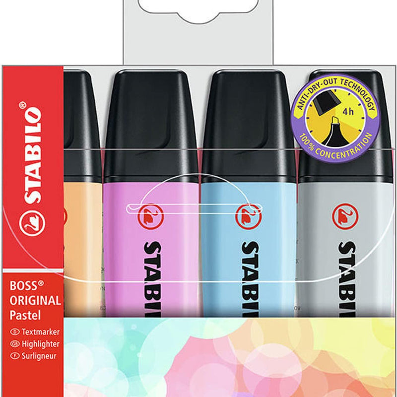 Highlighter - STABILO BOSS ORIGINAL Pastel - Pale Orange, Cloudy Blue, Frozen Fuchsia, Dusty Grey 4 count (pack of 1