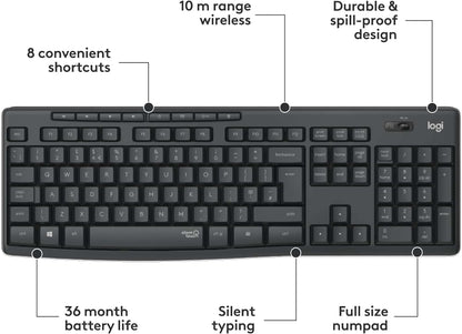 Logitech MK295 Silent Wireless Mouse & Keyboard Combo with SilentTouch Technology, Full Numpad, Advanced Optical Tracking, Lag-Free Wireless, 90% Less Noise, QWERTY UK English Layout
