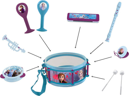 Lexibook K360FZ Disney Frozen Elsa Anna Toy, Set of 7 Music Instruments (Drum, Maracas, Castanet, Harmonica, Recorder, Trumpet, Tambourine), Convenient Game to Carry, Purple, Blue/White