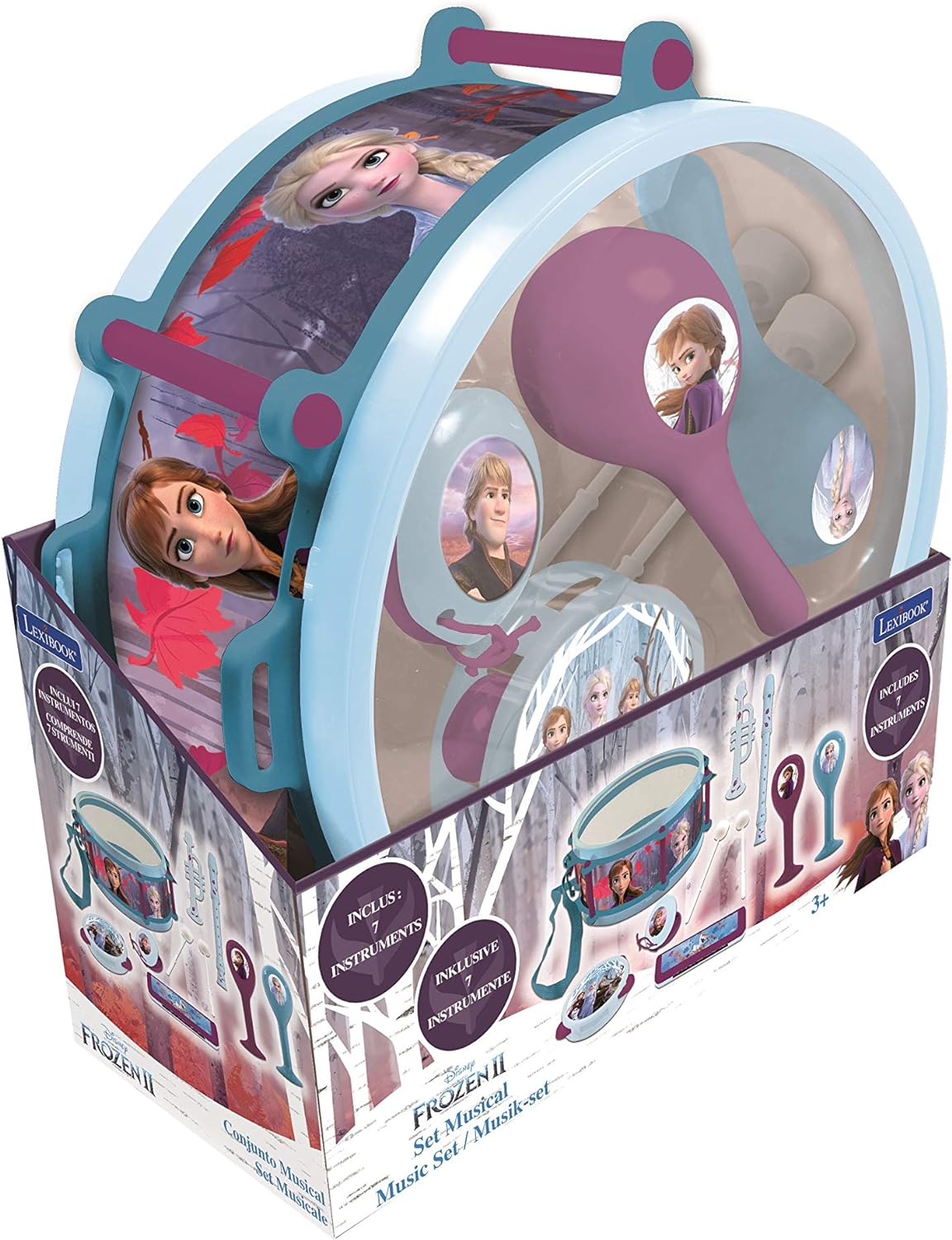 Lexibook K360FZ Disney Frozen Elsa Anna Toy, Set of 7 Music Instruments (Drum, Maracas, Castanet, Harmonica, Recorder, Trumpet, Tambourine), Convenient Game to Carry, Purple, Blue/White