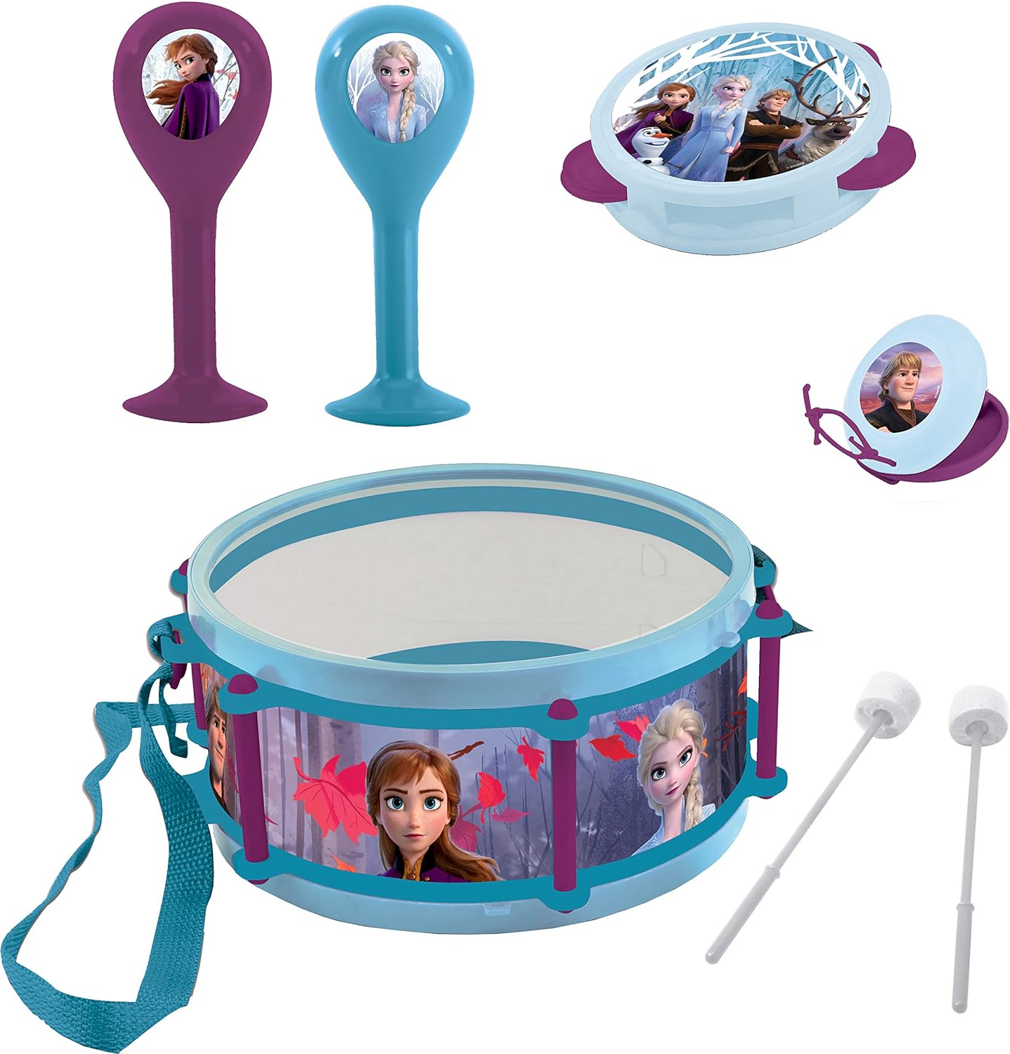 Lexibook K360FZ Disney Frozen Elsa Anna Toy, Set of 7 Music Instruments (Drum, Maracas, Castanet, Harmonica, Recorder, Trumpet, Tambourine), Convenient Game to Carry, Purple, Blue/White
