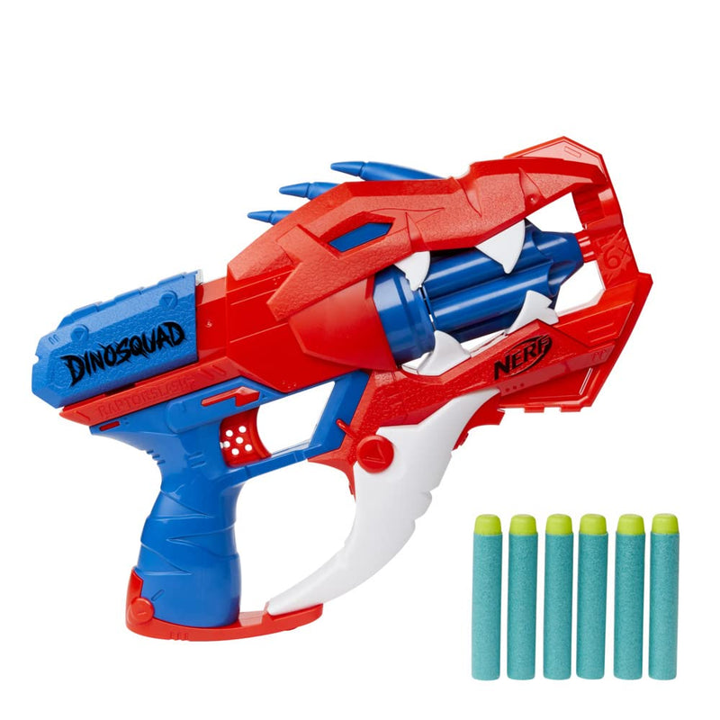 Nerf DinoSquad Raptor-Slash Dart Blaster, 6-Dart Rotating Drum, Slam Fire, 6 Nerf Darts, Velociraptor Dinosaur Design