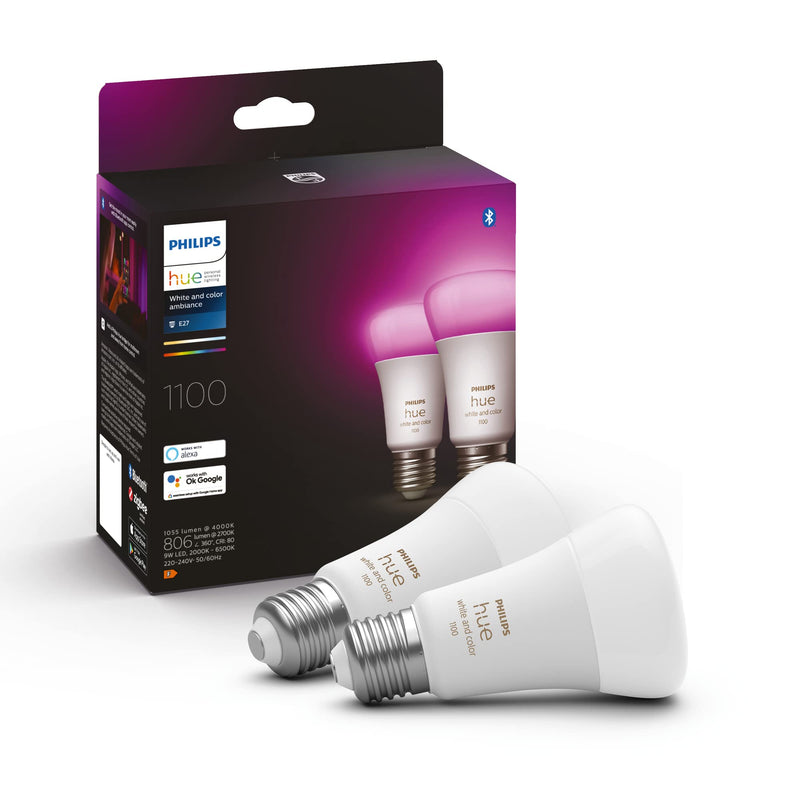 Philips Hue White and Colour Ambiance Smart Light Bulb 2 Pack 75W - 1100 Lumen  With Bluetooth. Works with Alexa, Google Assistant and Apple Homekit