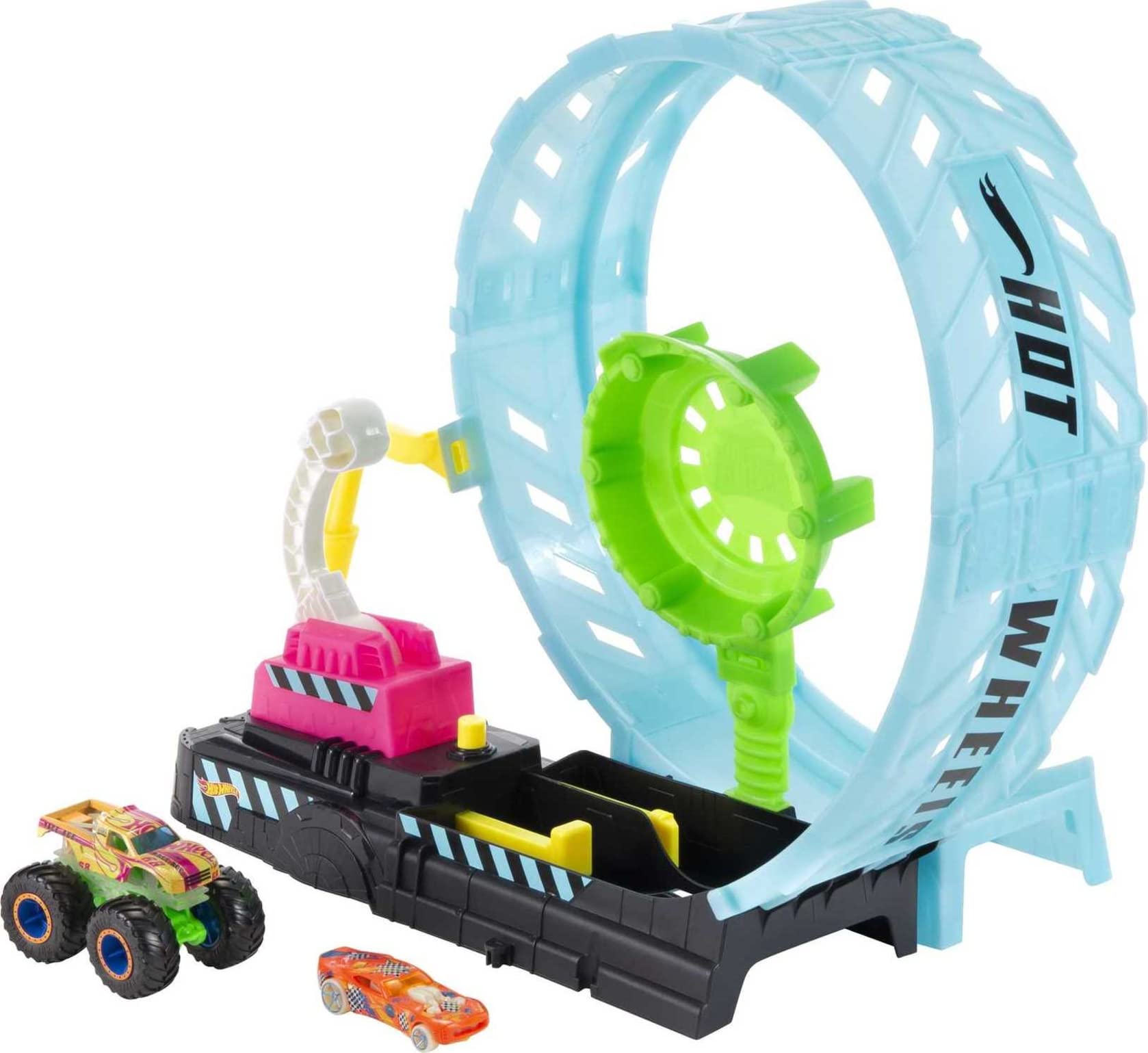 Hot Wheels Monster Trucks Glow in the Dark Epic Loop Challenge Playset with Launcher, Ramp & Giant Loop, Includes 1 1:64 Scale Die-Cast Truck & 1 Car, Toy Gift for Kids 4+, HBN02