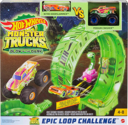 Hot Wheels Monster Trucks Glow in the Dark Epic Loop Challenge Playset with Launcher, Ramp & Giant Loop, Includes 1 1:64 Scale Die-Cast Truck & 1 Car, Toy Gift for Kids 4+, HBN02