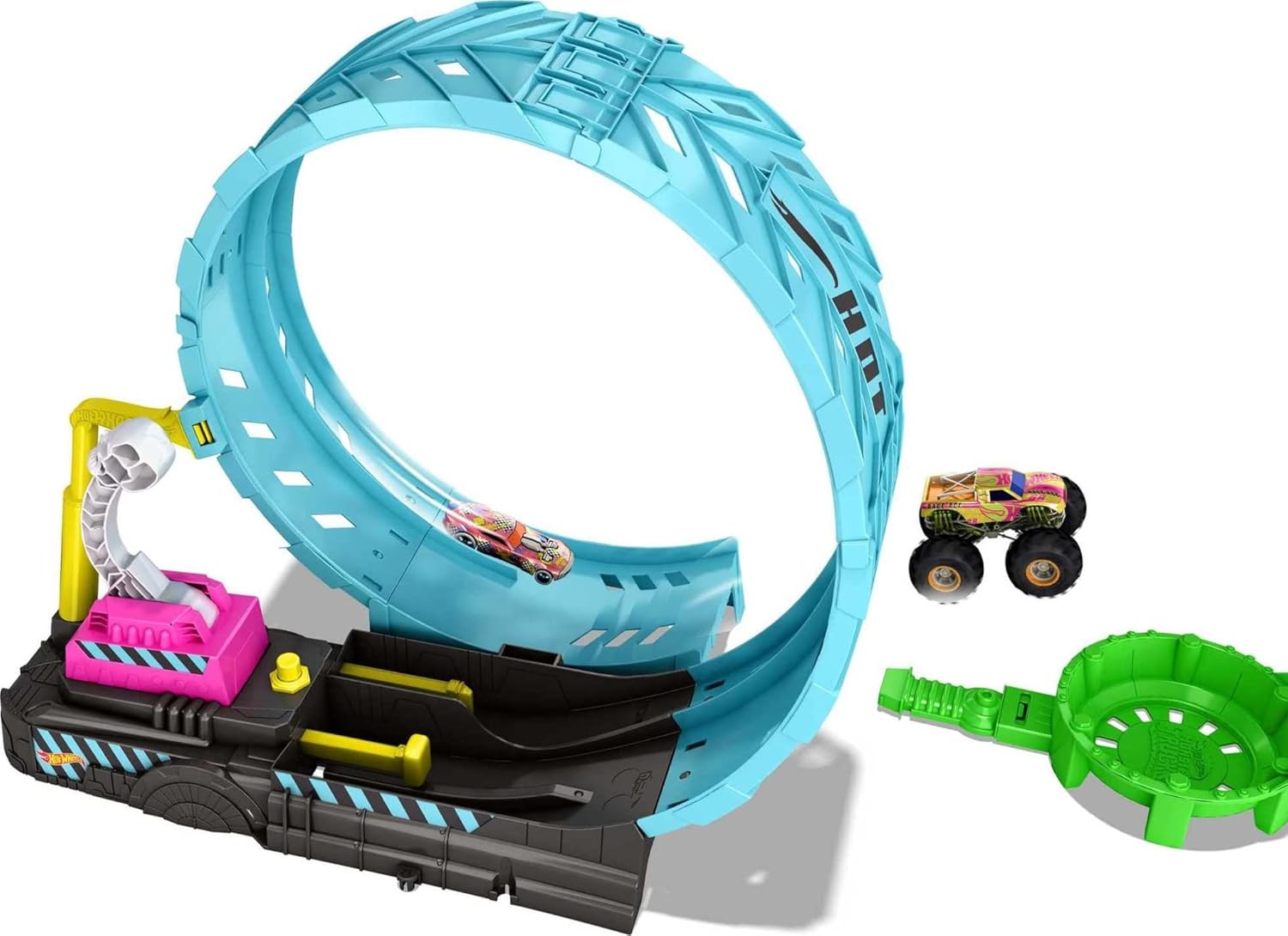 Hot Wheels Monster Trucks Glow in the Dark Epic Loop Challenge Playset with Launcher, Ramp & Giant Loop, Includes 1 1:64 Scale Die-Cast Truck & 1 Car, Toy Gift for Kids 4+, HBN02