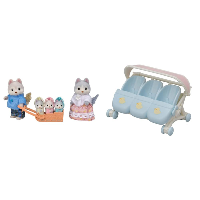 Sylvanian Families 5636 Husky Family - Dollhouse Playsets Multicolor,‎3 x 3.5 x 8.5 cm & 5533 Triplets Stroller - Dollhouse Playsets, Blue, Small