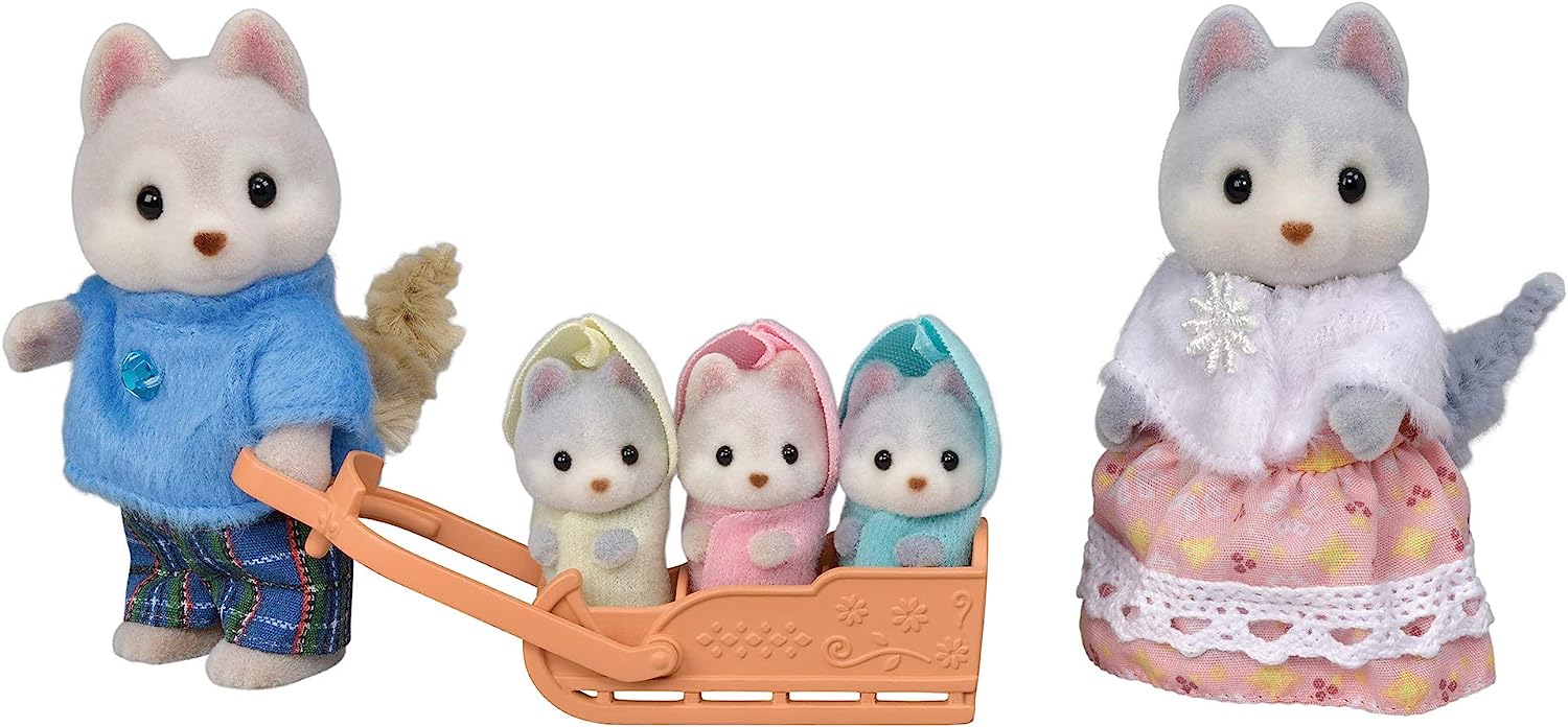 Sylvanian Families 5636 Husky Family - Dollhouse Playsets Multicolor,‎3 x 3.5 x 8.5 cm & 5533 Triplets Stroller - Dollhouse Playsets, Blue, Small