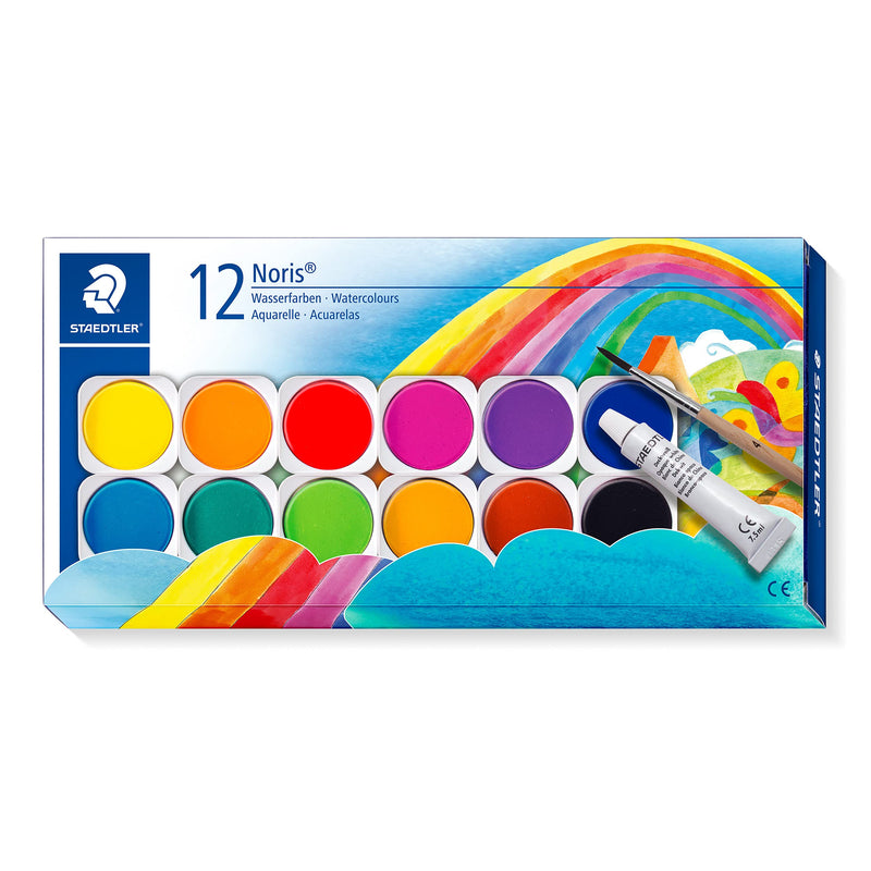 STAEDTLER 888 NC12 Noris Watercolour Paints - 12 Assorted Colours (Pack of 1 with Paint Brush & Opaque Paint
