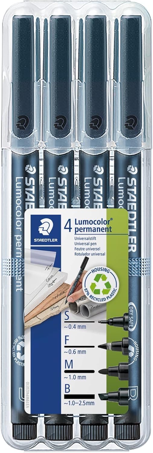 STAEDTLER 31-9WP4GS Lumocolor Permanent Pen Set - Assorted Line Widths, Black (Pack of 4