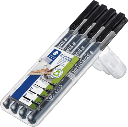 STAEDTLER 31-9WP4GS Lumocolor Permanent Pen Set - Assorted Line Widths, Black (Pack of 4