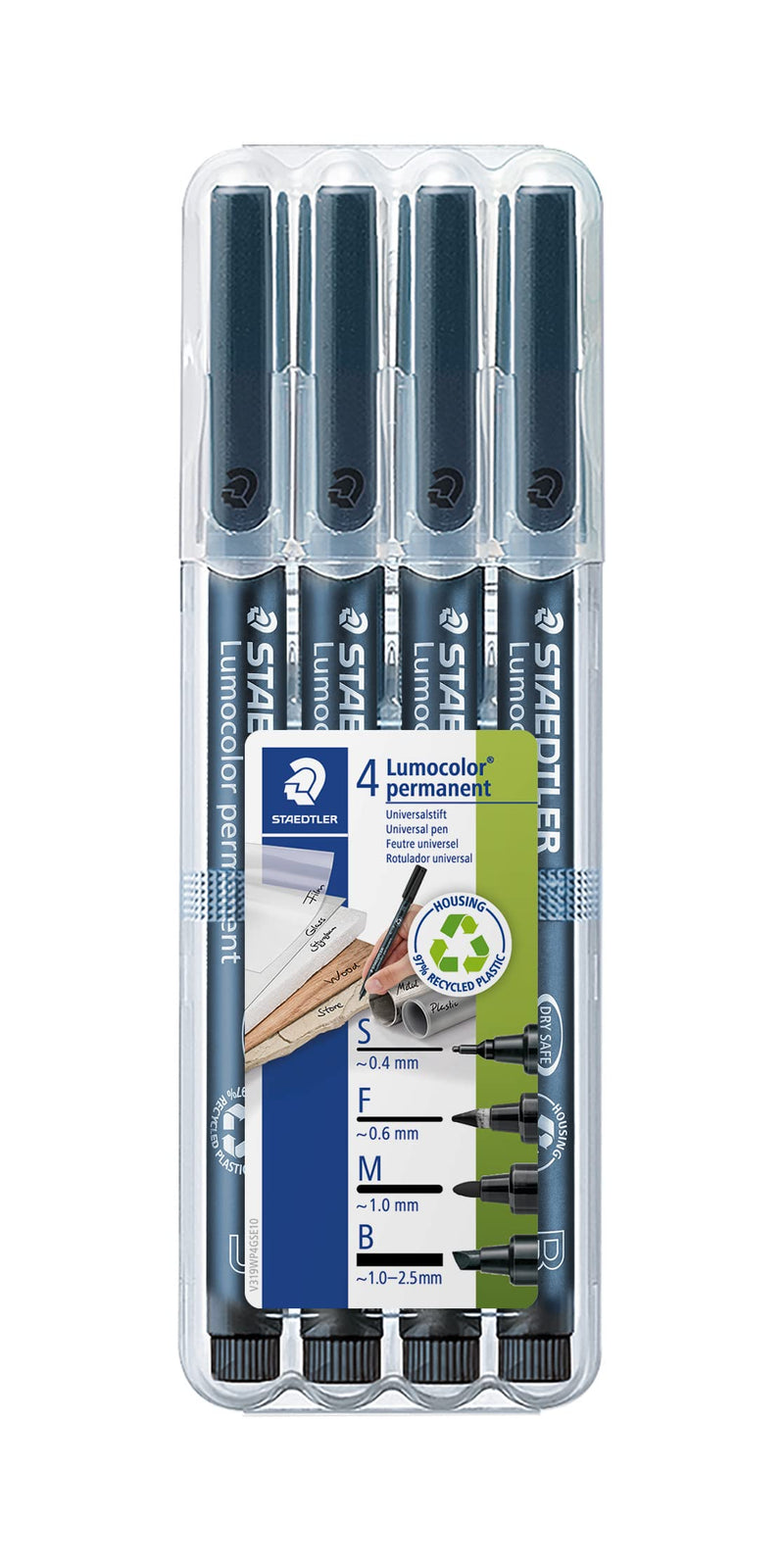 STAEDTLER 31-9WP4GS Lumocolor Permanent Pen Set - Assorted Line Widths, Black (Pack of 4