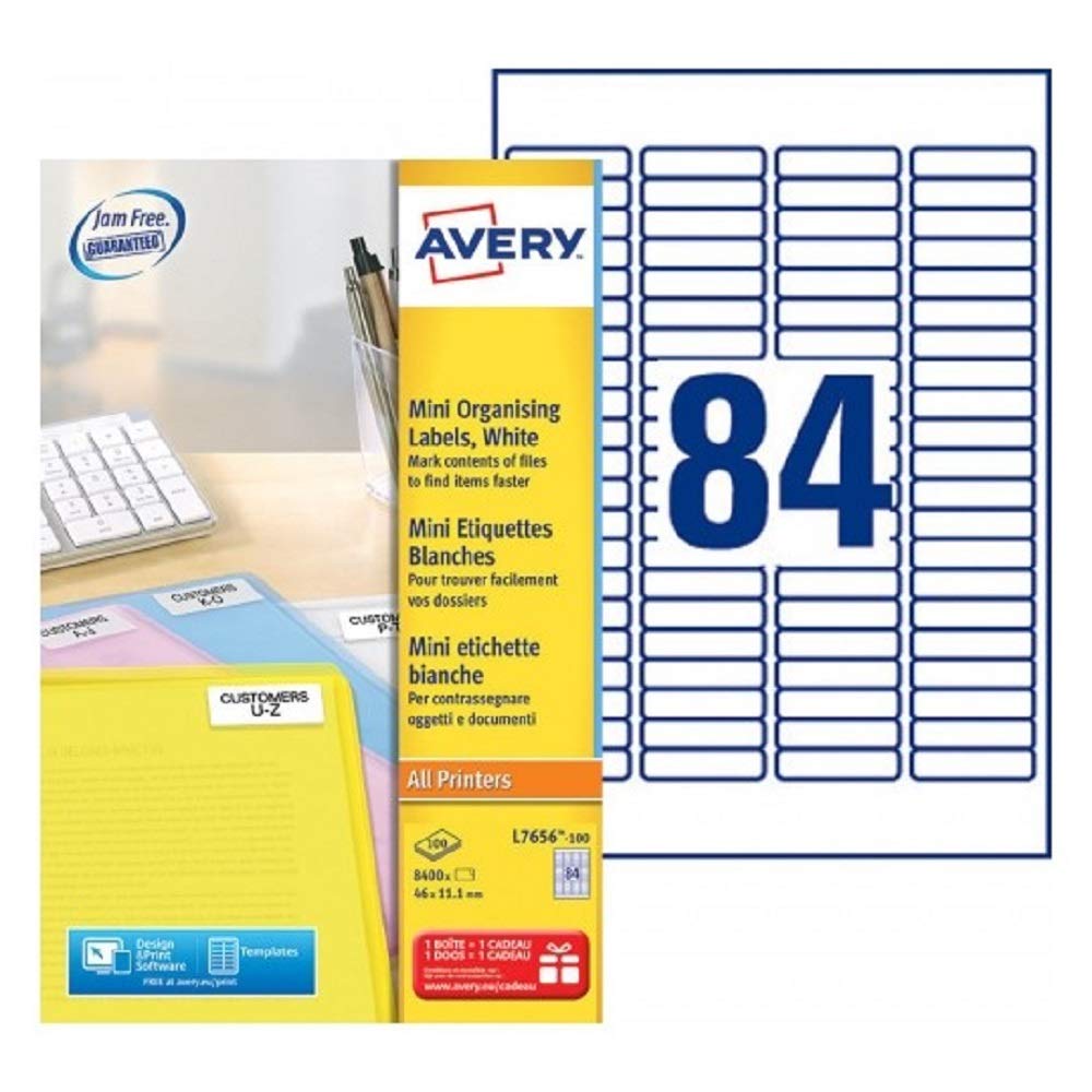 Avery Self Adhesive Mini Labels, Laser Printers, 84 Labels Per A4 Sheet, 8400 labels, QuickPEEL (L7656), White, 46 x 11.1 mm