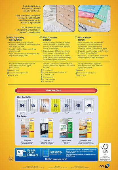 Avery Self Adhesive Mini Labels, Laser Printers, 84 Labels Per A4 Sheet, 8400 labels, QuickPEEL (L7656), White, 46 x 11.1 mm