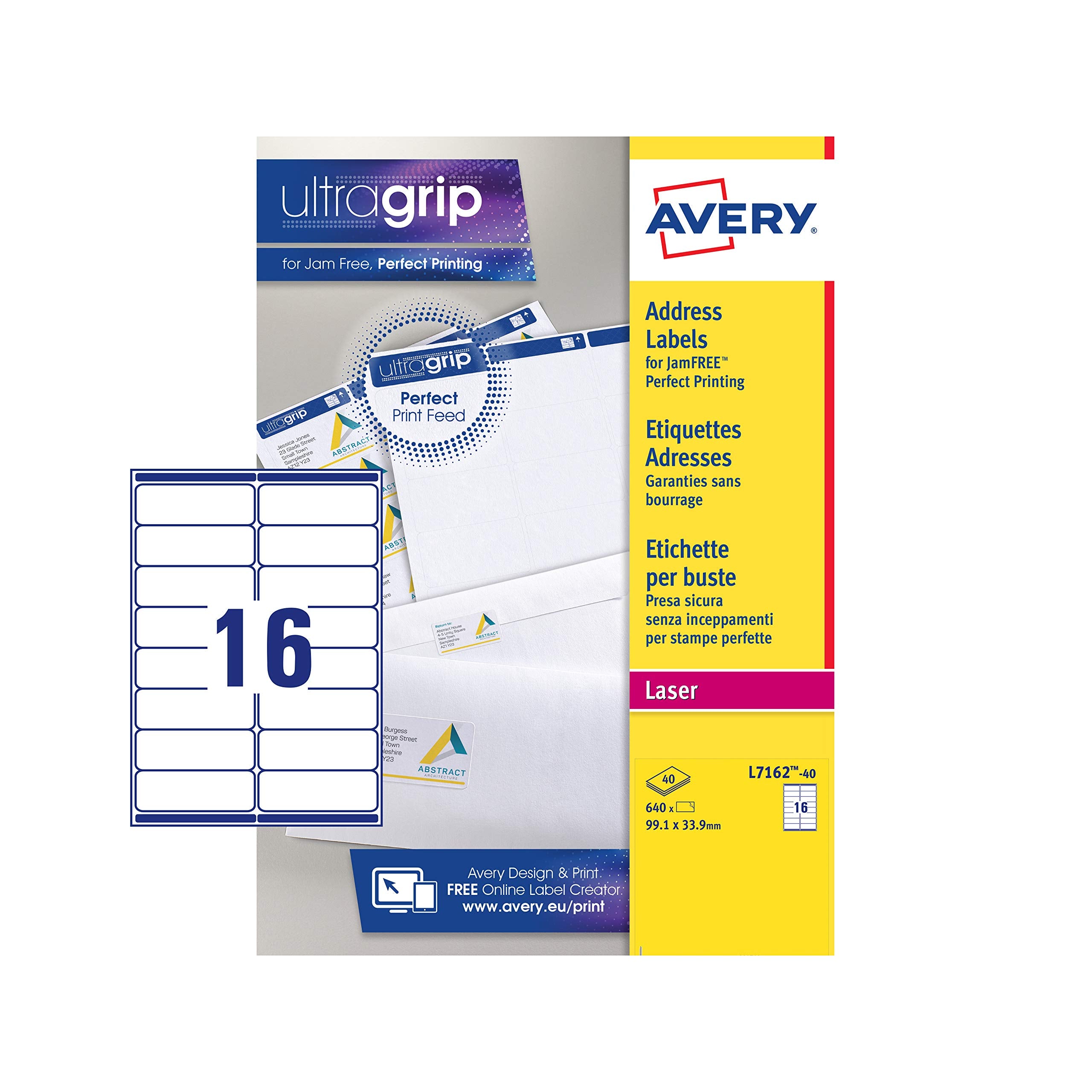 Avery Self Adhesive Address Mailing Labels, Laser Printers,16 Labels Per A4 sheet, 640 labels, UltraGrip (L7162), White, 40 Sheets