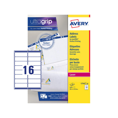 Avery Self Adhesive Address Mailing Labels, Laser Printers,16 Labels Per A4 sheet, 640 labels, UltraGrip (L7162), White, 40 Sheets