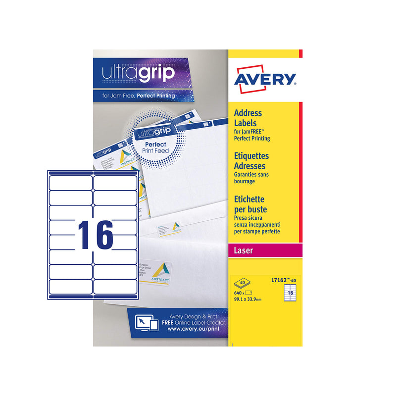 Avery Self Adhesive Address Mailing Labels, Laser Printers,16 Labels Per A4 sheet, 640 labels, UltraGrip (L7162), White, 40 Sheets