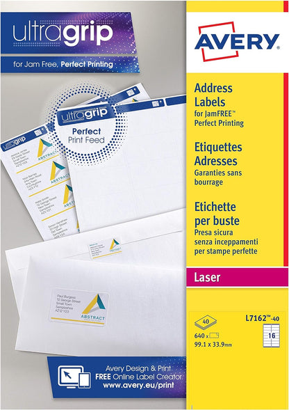 Avery Self Adhesive Address Mailing Labels, Laser Printers,16 Labels Per A4 sheet, 640 labels, UltraGrip (L7162), White, 40 Sheets