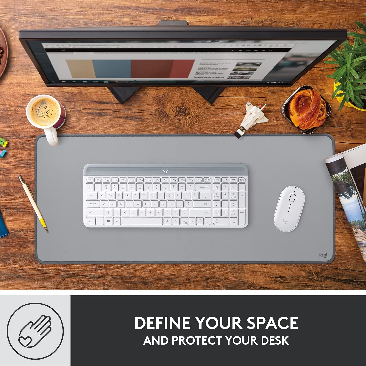 Logitech Desk Mat - Studio Series, Multifunctional Large Desk Pad, Extended Mouse Mat, Office Desk Protector with Anti-slip Base, Spill-resistant Durable Design - Grey Grey Large