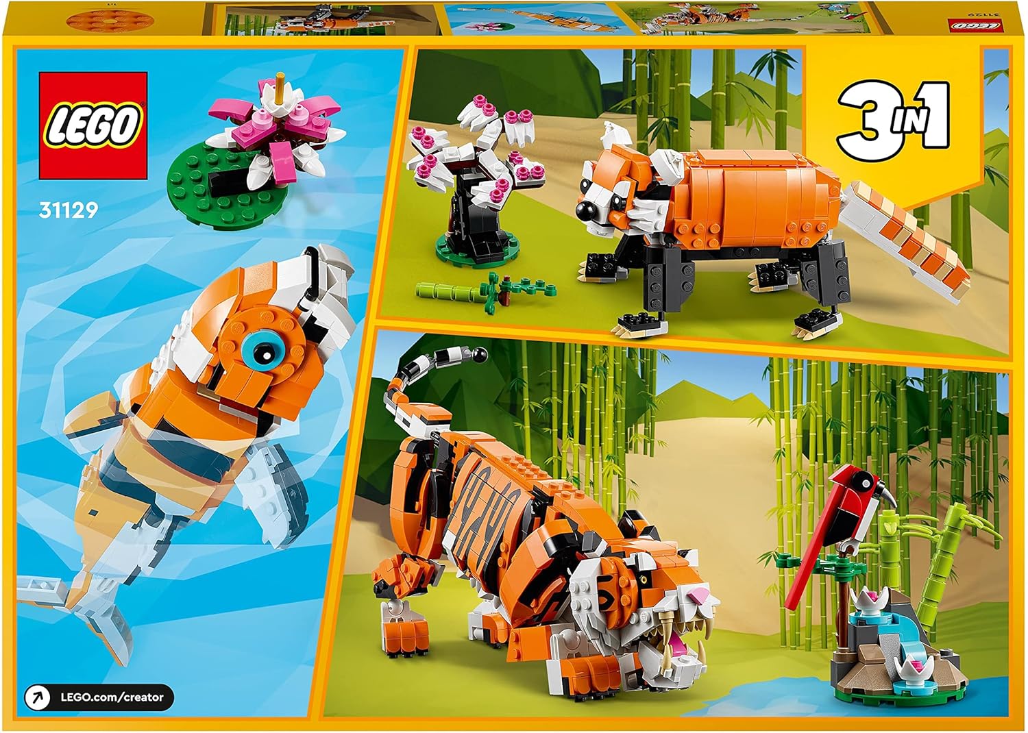 LEGO Creator 3 in 1 Mighty Dinosaurs & Majestic Tiger, Panda or Koi Fish Set | Toy Figures & Models With Posable Joints for 7-12 Year Old Kids, Boys & Girls