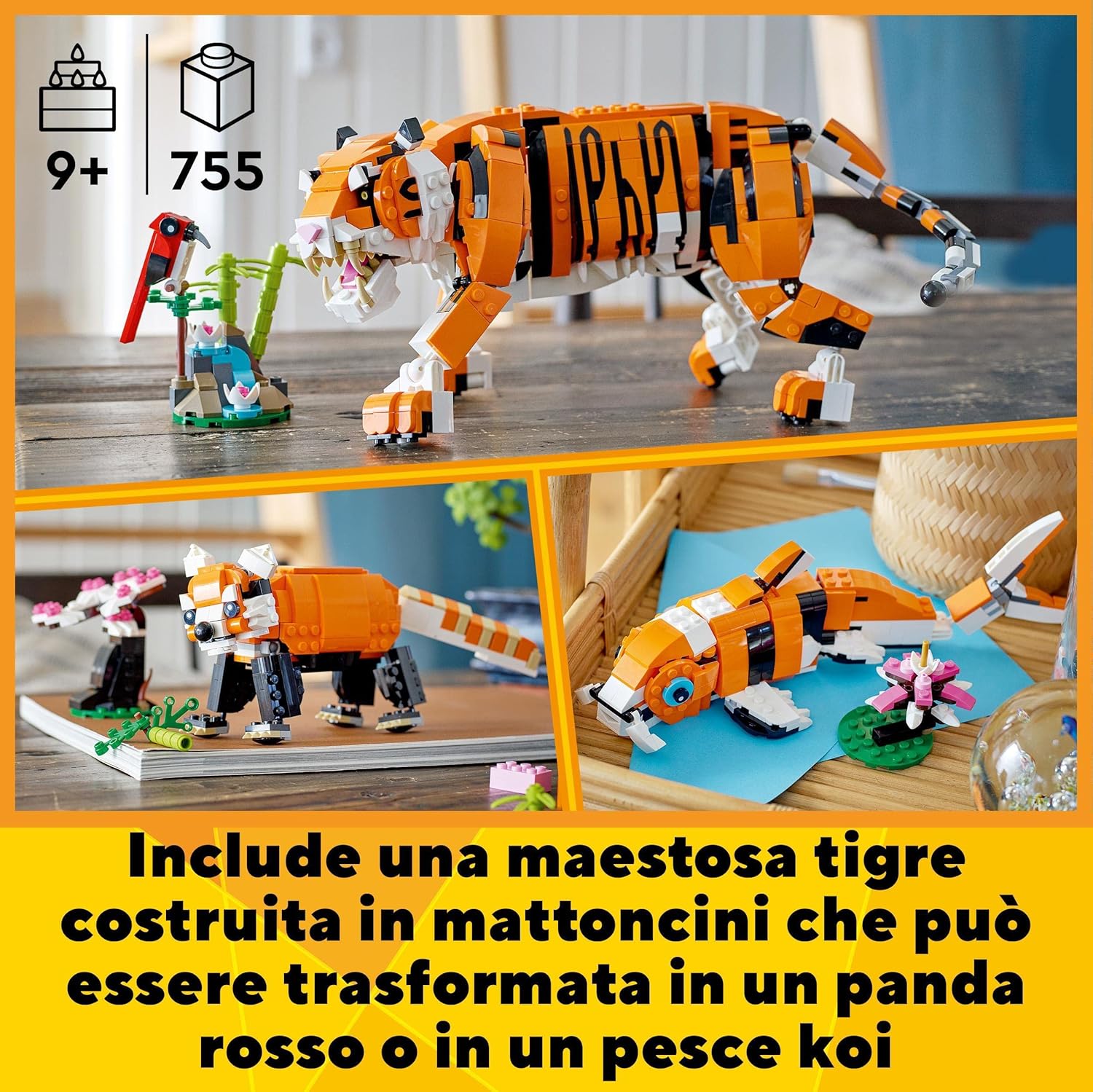 LEGO Creator 3 in 1 Mighty Dinosaurs & Majestic Tiger, Panda or Koi Fish Set | Toy Figures & Models With Posable Joints for 7-12 Year Old Kids, Boys & Girls